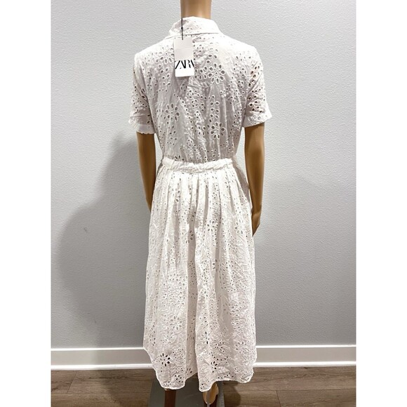 ZARA White Embroidered Eyelet Midi Shirt Dress Pockets Overlay Skirt Sz Medium - Picture 11 of 15